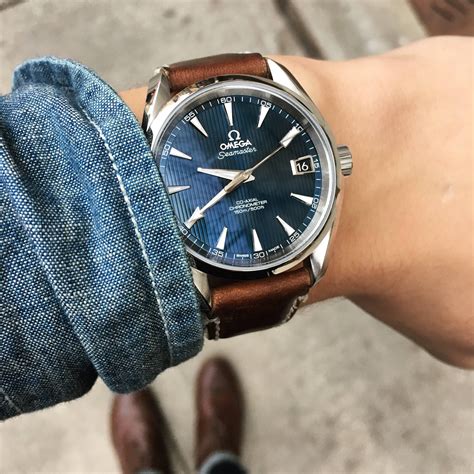 omega aqua terra 38mm blue leather strap